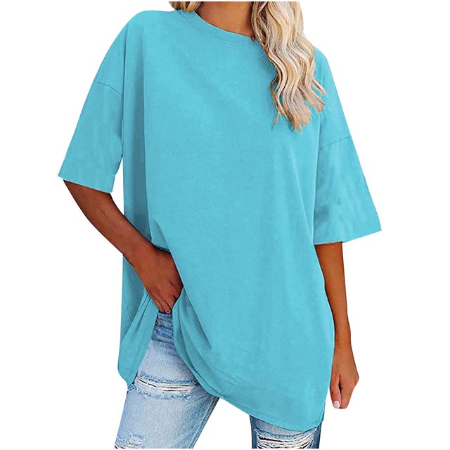 Plebaso T-Shirts Surdimensionnés pour Femmes 2025 Manches Courtes Hauts Amples Col Rond Décontracté Uni T-Shirts Basiques pour Femmes