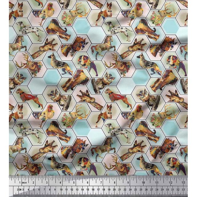 Soimoi Georgette Viscose Fabric Geometric,Bird & Animals Patchwork Print Fabric by Yard 42 Inch Wide