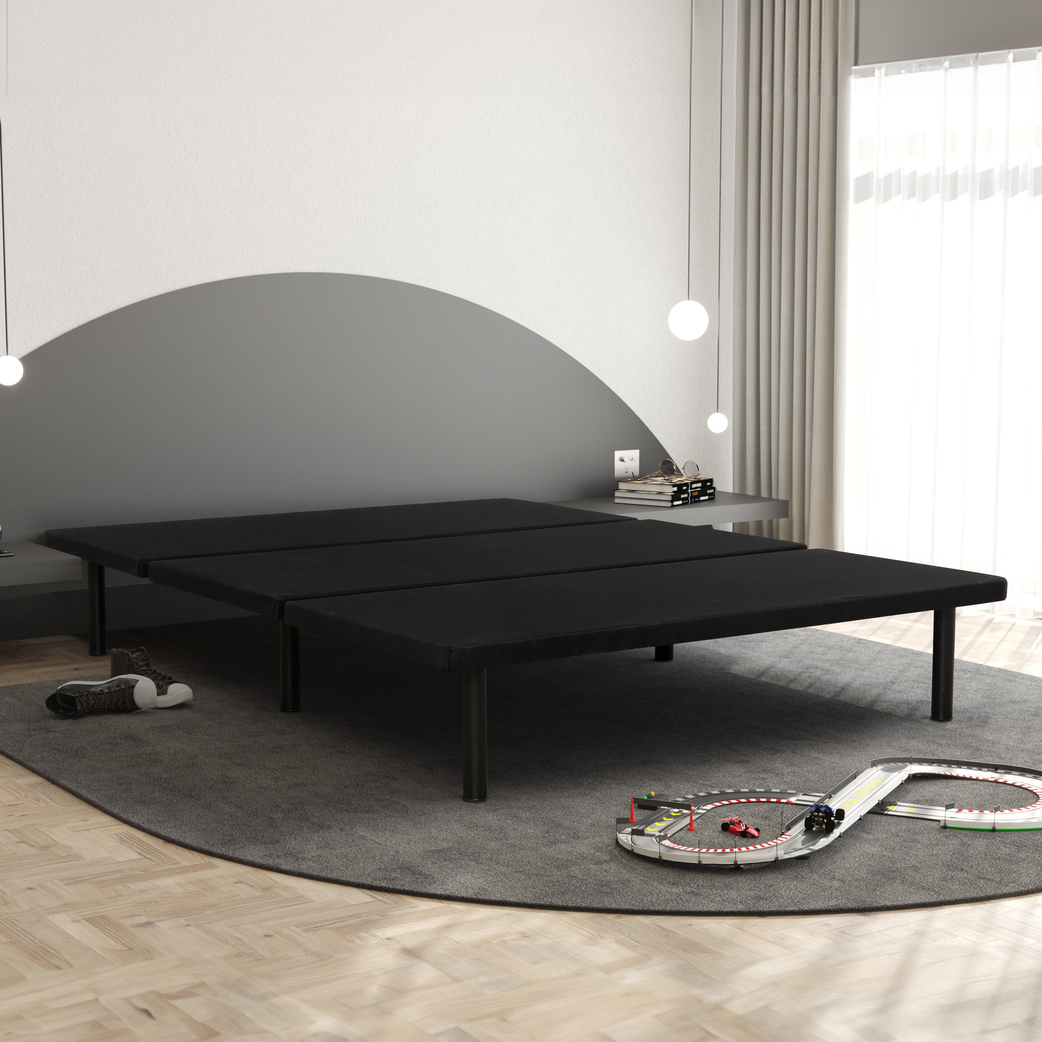 Primo ZenBase lit plateforme rembourré – format double, tissu noir, sans sommier requis, profil bas moderne pour chambre ou chambre d’amis