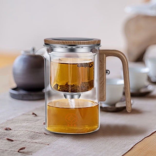 Guoxiu Water Separation Glass Teapot with Wooden Handle, Press Control Magical Teapot Glass, Magnetic Filter Teapot with Dual Infusers, Enchantipot Magic Pot for Loose Tea Witchcraft Teapot