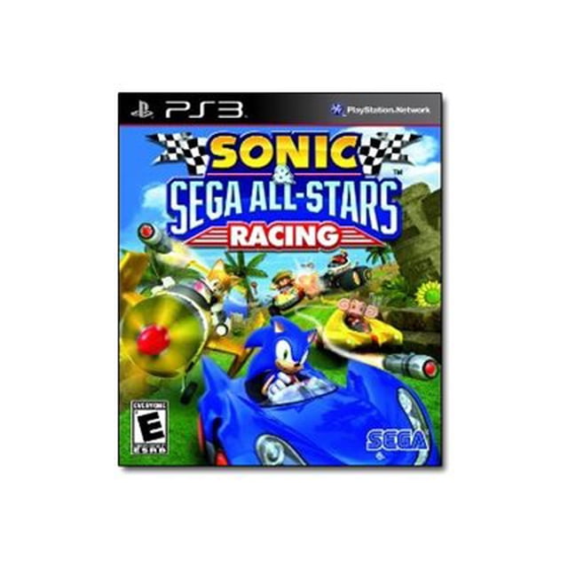 Sonic & SEGA All-Stars Racing - PlayStation 3 game cover with SEGA logo and title; notes party-style kart racing with 20 playable characters including Sonic and Tails, 4-player split-screen and 8-player online multiplayer, and varied colorful tracks—often used for local multiplayer party nights.