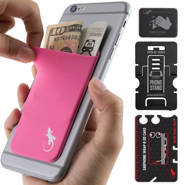 Gecko Travel Tech Phone Wallet - Stick On Card Holder Wallet for Cell Phones - Adhesive Card Pocket - PINK WHITE