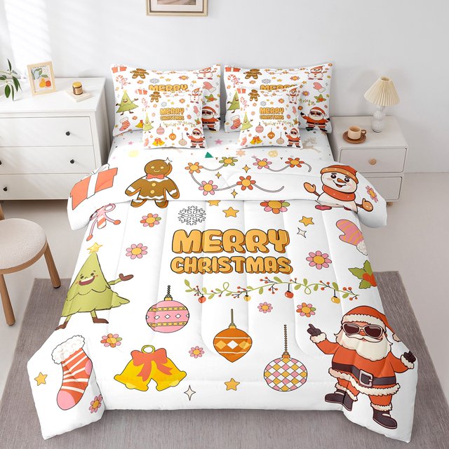 Merry Christmas Bedding Set 7 Pieces For Kids Xmas Tree Santa Claus Sheet Set Twin Sizesnowman Lantern Decor Comforter Snowflake Christmas Stocking Decor Fitted Sheet With 1 Pillow Case