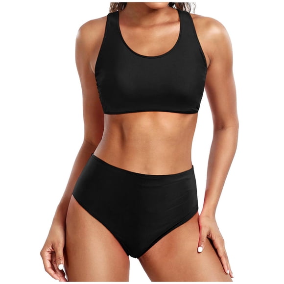Tungbrin Womens Bikini Sets 2 Piece High Waited Sports Swimsuit Summer Beach Solid Color Round Neck Bathing Suits