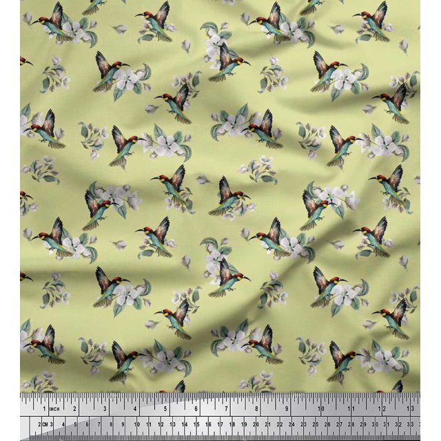 Soimoi Moss Georgette Fabric Leaves,Flower & Humming Bird Print Fabric by Yard 42 Inch Wide