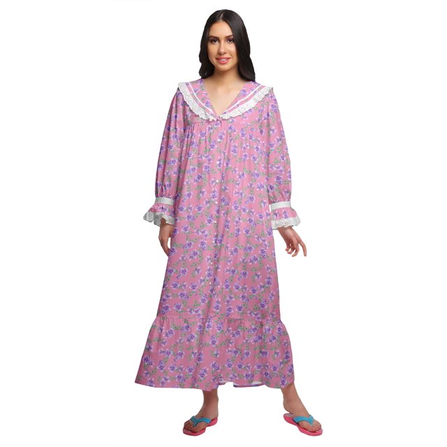 Moomaya Chemise de Nuit Maxi Boutonnée à Manches Longues Imprimée en Coton pour Femmes
