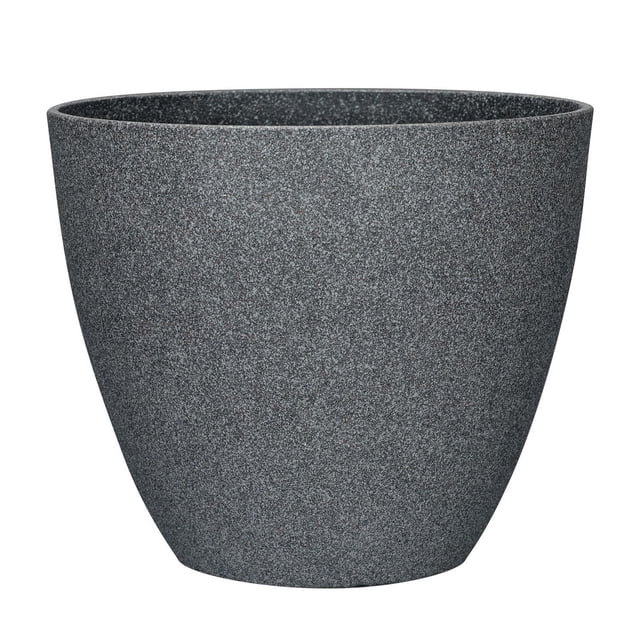 Grey Concrete Look Planter with a tapered round shape and speckled grey finish mimicking concrete, made from lightweight recycled materials, weather resistant for all seasons, featuring easy knock-out drainage holes for optimal plant drainage, ideal for garden and outdoor living use.