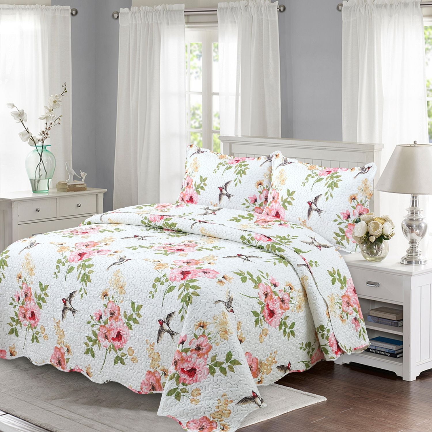 Marina Decoration Couvre-lit Pinsonic imprimé en relief, ensemble de couette d'été ultra doux avec taies d'oreiller, motif floral rose et oiseaux