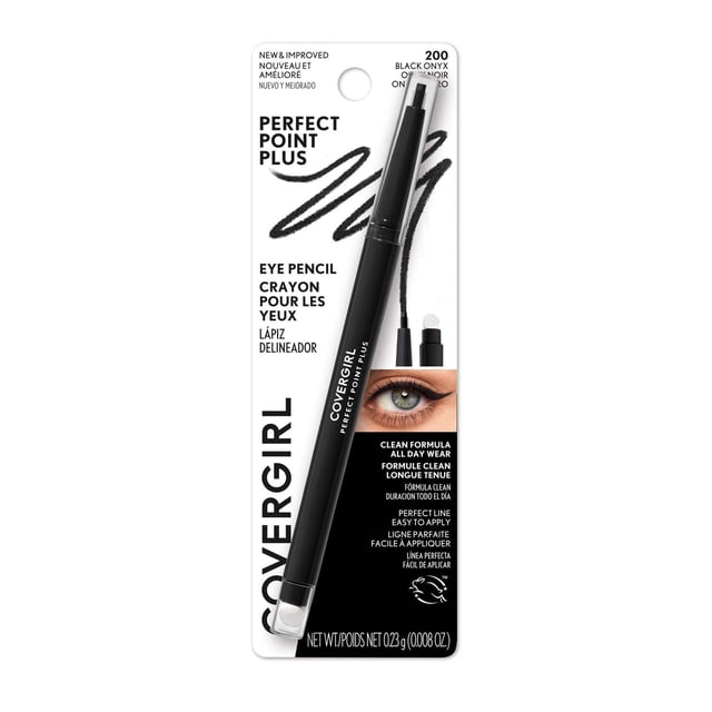 COVERGIRL Perfect Point Plus Eye Pencil in Black Onyx with micro-fine tip for precise lines and built-in smudger for a softer, smokier look, featuring a clean formula free of talc, parabens, and mineral oil, designed for all-day wear, shown in retail packaging.