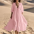 thumbnail image 3 of Robes en Coton et Lin pour Femmes 2025 Décontractées d'Été Amples à Manches Courtes Longues Maxi d'Été Plage Évasées Robe Rose, 3 of 7