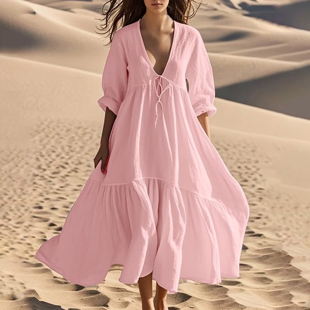Meichang Robe Maxi en Lin pour Femme Coupe Ample Col en V Manches Lanterne Mi-Longues Robe d'Été Fluide Swing Ourlet à Volants Robes de Plage Vacances Robes Longues Décontractées