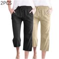 thumbnail image 2 of Timegard 2pc Capri Pants for Women Cotton Linen Elastic Waist Loose Lounge Crop Pants Pockets Solid Color, 2 of 7