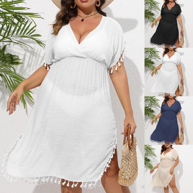 Jovati Robe à Manches Courtes à Col en V pour Femmes, Robe de Plage en Polyester Uni avec Détail Ajouré Patchwork, Coupe Ample, Longueur Genou, Tenue Décontractée Quotidienne