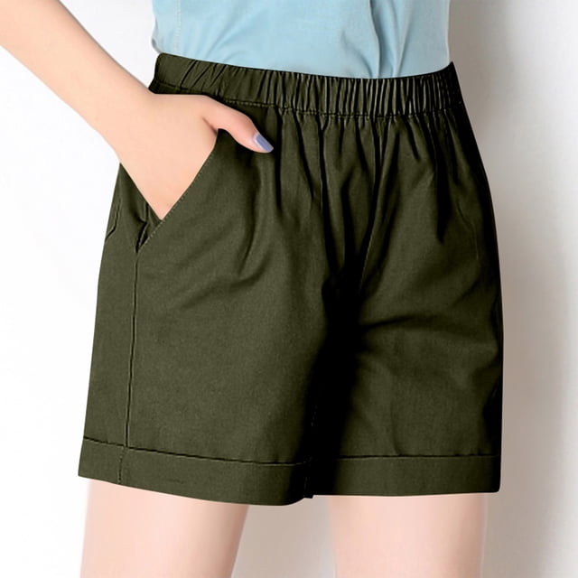 Ovticza Short en Lin pour Femme Décontracté Taille Élastique Confortable Short de Plage avec Cordon Vert Foncé 3TG