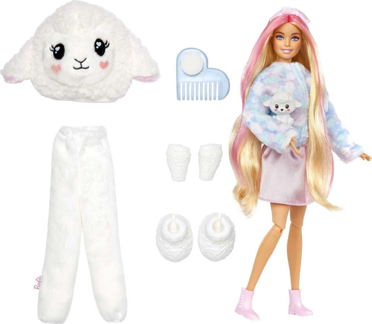 Barbie Cutie Reveal Cozy Cute Tees Doll & Accessories, Lamb in “Dream” T-shirt, Pink-Streaked Blond Hair & Blue Eyes