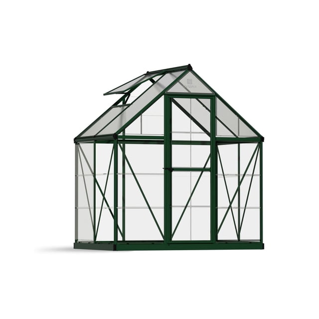 Canopia by Palram Hybrid 6 ft. x 4 ft. greenhouse with green powder-coated rust-resistant aluminum frame, twin-wall polycarbonate roof panels blocking UV rays, crystal-clear side panels, single hinged door with magnetic catch, adjustable vent, and built-in gutter system for water drainage.