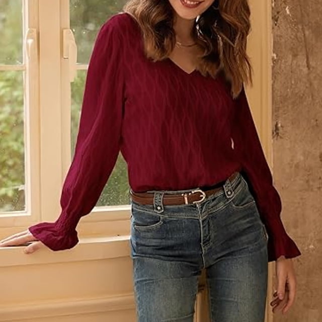 RXIRUCGD Blouse Basique à Col Rond à Manches Longues Unie pour Femme, Mode d'Automne, Bourgogne, Taille : M