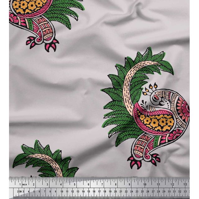 Soimoi Polyester Crepe Fabric Peacock Block Print Fabric by The Yard 42 Inch Wide