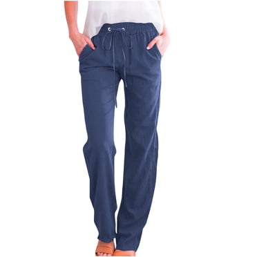 QIPOPIQ Womens Casual Linen Pants Straight Leg Drawstring Elastic High Waist Loose Comfy Trousers with Pockets Clearance