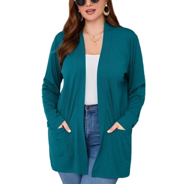 SHOWMALL Women's Plus Open Front Lightweight Cardigan V Neck Sweater Long Sleeve Causal Bolero Button Down Soft 3X Peacock Blue Outwear Tops