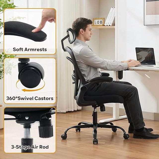 Ergonomic High-Back Mesh Office Chair – Adjustable Lumbar Support, Reverse-Up Armrests, Removable Headrest, Wide Seat, 300lbs Capacity, Swivel Rocking Desk Chair, Black Frame | Black Web
