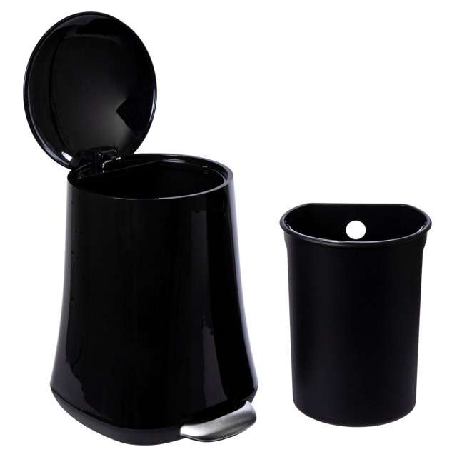 Luciano Premium Quality Trash Can in black with a flared design, metal foot pedal for silent hands-free lid opening, and removable inner bucket with a hole for easy disposal, shown with lid open and bucket beside it, ideal for bathroom or office storage.
