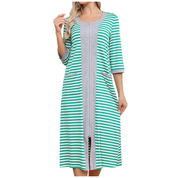 FAIWAD Women Zipper Robe 3/4 Sleeve Striped Loungewear Dress Lightweight Housecoat Full Length Nightgown with Pockets