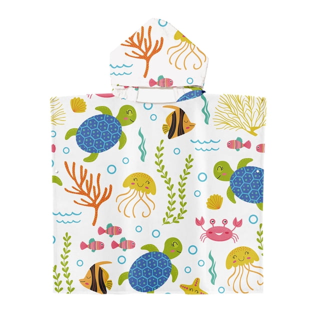 Serviettes de Plage pour Enfants, Serviette de Plage en Microfibre à Capuchon avec un Thème sous-Marin vibrant Mettant en Vedette des Tortues, des Poissons, des Méduses et des Coraux. Légère, à Séchage Rapide et Portable, Elle Est Parfaite pour la Plage, la Piscine Ou les Voyages. Dimensions : 60x60 cm.