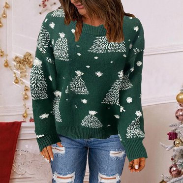 Aboser Chandails de Noël pour Femmes, Tricot à Motif d'Arbre de Noël, Manches Longues, Col Ras du Cou, Hauts en Tricot, Cadeaux de Noël, Chandail Court Rouge