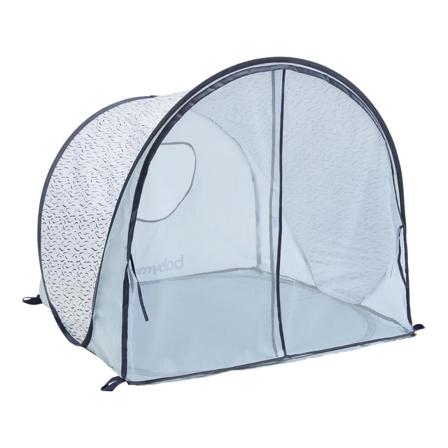 Babymoov Anti-UV Tent Blue Waves with pop-up design, UPF 50+ fabric featuring blue wave pattern, mesh front and rear window with flaps for ventilation, water-repellent floor, and mosquito net with Velcro closure to protect babies from sun, wind, sand, and insects.