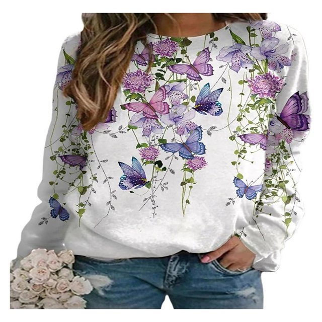 QJUHUNG Sweat-Shirt Décontracté à Manches Longues Papillon Imprimé Graphique Léger Pull-Over Manches Longues Chemises