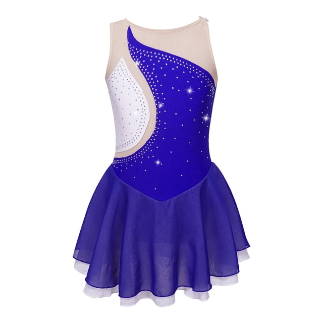 Sinleey Robe de Patinage Artistique pour Filles, Scintillante avec Strass, Sans Manches, Justaucorps de Danse Ballet, Bleu Royal 16