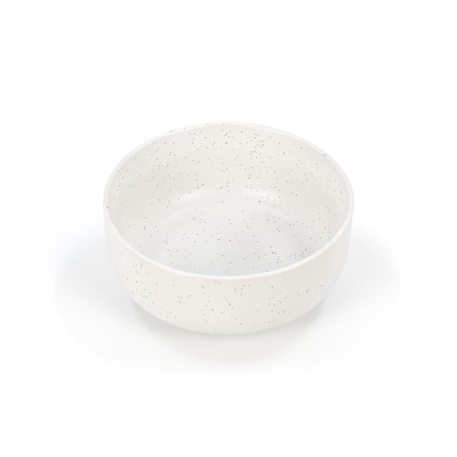 SAB Luna 5.75 inch AP Bowl, a round stoneware bowl with a white base and fine black speckled pattern, shown front-facing on a white background, dishwasher and microwave safe, ideal for dining, entertaining, and serving snacks or side dishes.
