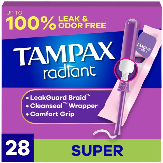 Tampax Radiant Tampons avec Protège-Fuites Tressé, Super Absorbance, Applicateur Violet avec Prise Texturée, Emballage de Nettoyage pour l'Hygiène, Offrant une protection jusqu'à 100 % contre les Fuites et les Odeurs, Lot de 28 Tampons.