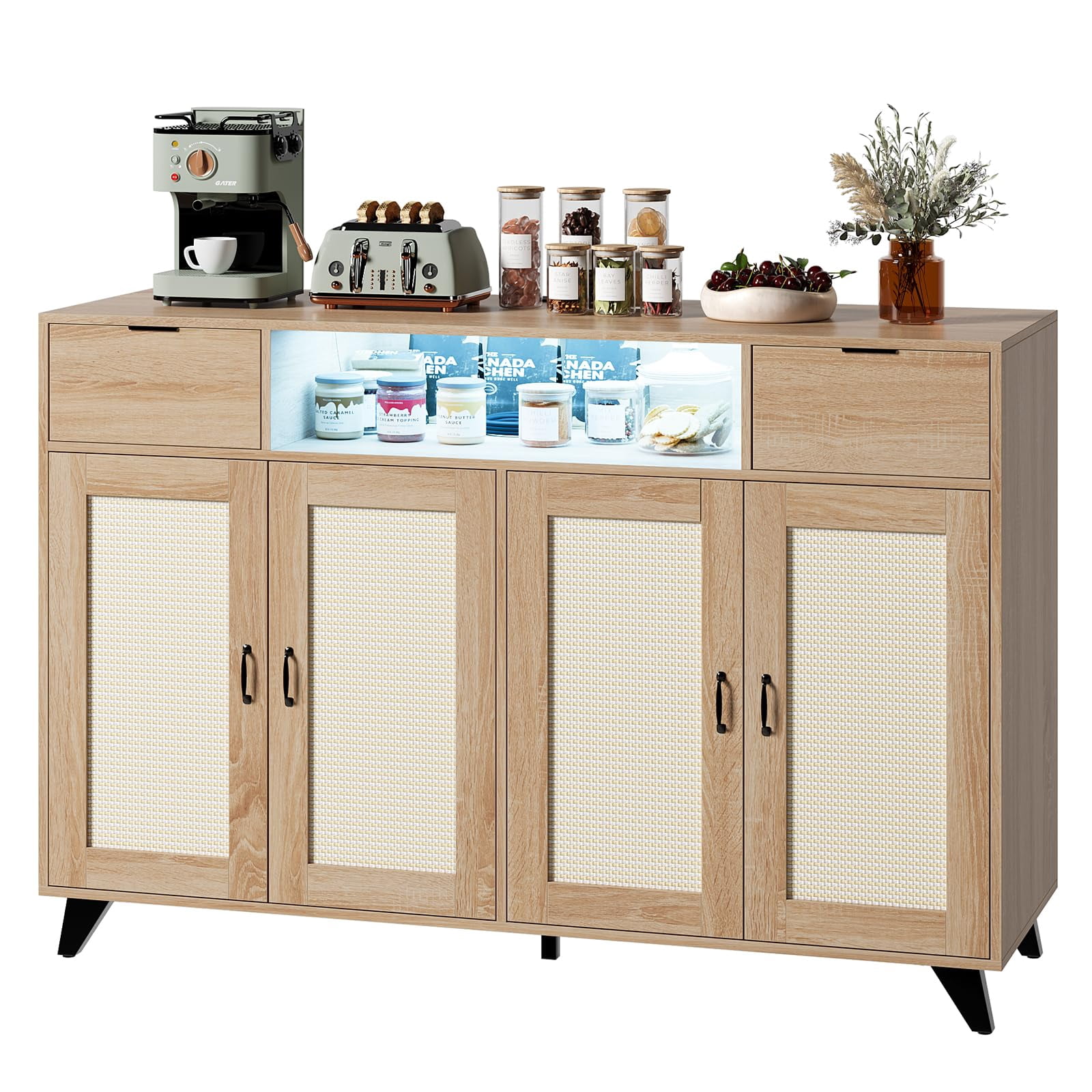 Yiwa Modern Rattan Buffet Cabinet, 47 Inch Sideboard with Storage, LED Lighting, Power Outlet, and Adjustable Shelves