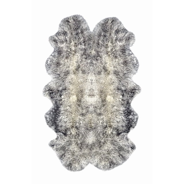 NEW ZEALAND SHEEPSKIN QUATTRO RUG 4' X 6' shown from above with a natural sheepskin shape, featuring a dense 2.5-inch plush pile in grey, black, and cream tones. It has a soft micro suede anti-skid backing and an organic wavy edge, suitable for indoor use in bedrooms or offices. Often used as a cozy seat cover or draped over furniture for added comfort.