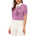 thumbnail image 1 of INSPIRE CHIC Women's Contrast Collar Tie Ruffle Front Button Short Sleeve Work Shirt XS Purple, 1 of 6