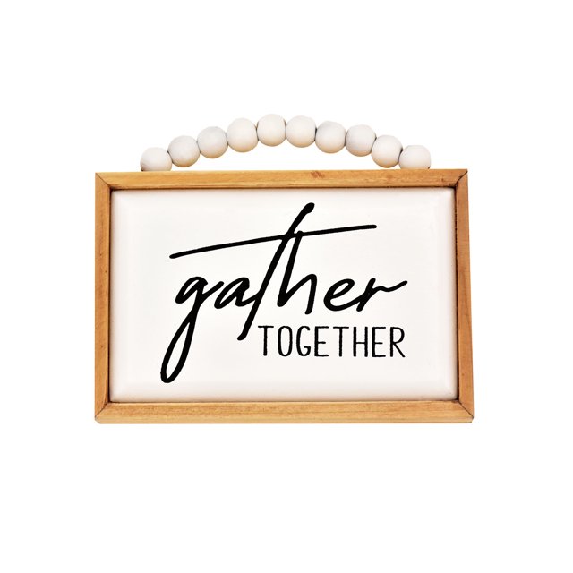 Parisloft Gather Together with Wood Beads Modern Block Signs,Mini Freestanding Tabletop Decor,Wooden Box Home Signs Wall Decor,5"x4.3"