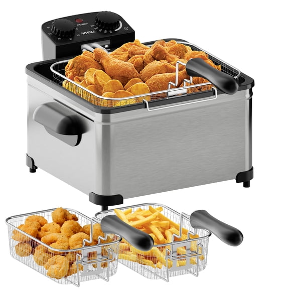 WHALL 5.3QT Stainless Steel Electric Deep Fryer, 1700W Oil Fryer with 3 Baskets, Timed, Adjustable Temperature, Vewing Window