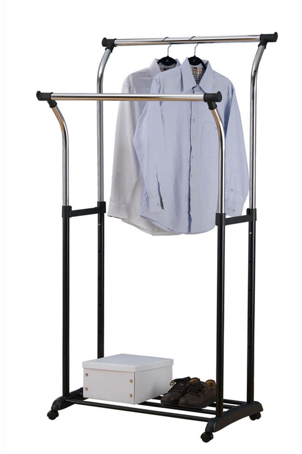 Mainstays Double Rod Garment Rack, Rolling Clothes Organizer, Black/Chrome, Flared Design, Adjustable Height, Storage Long and Short Garments