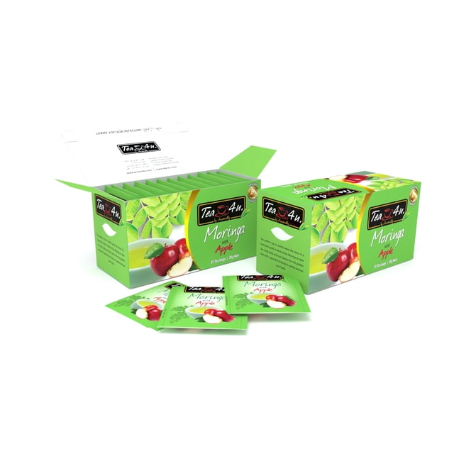 Tea4U Antioxidant Rich Moringa Oleifera Energy Tea - Apple Tea, presented in a green box with apple and moringa leaf graphics. The box contains 25 tea bags, sustainably and ethically sourced from Sri Lanka. Several tea bags are displayed in front of the box.