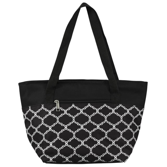 Merangue Sac à Lunch Style Sac à Main, Isolé, à Maillons, Noir avec une Vue Orientée vers l'Avant Montrant un Corps en Tissu Noir avec un Motif Blanc à Maillons sur la Moitié Inférieure, une section Supérieure Noire Unie avec une Poche Horizontale à Fermeture Éclair, et Deux Poignées Noires Robustes pour le Transport, Isolé pour Garder les Aliments Frais et Assez Spacieux pour les Repas et les Collations, Convient Aussi au Transport de Petits Articles Personnels.