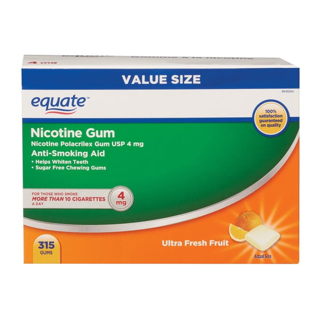 Equate Nicotine Gum Fruit 4mg value size box with 315 sugar-free chewing gums, an anti-smoking aid that helps whiten teeth, for smokers of more than 10 cigarettes a day, featuring an orange fruit graphic and actual gum size.