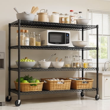 4 Tier Adjustable Iron Wire Storage Shelving with Wheels, Heavy-Duty Spray-Coated Metal Rack 24"D×56"W×75"H, 2200 LBS Load Capacity, Ideal for Garage, Warehouse and Pantry Storage