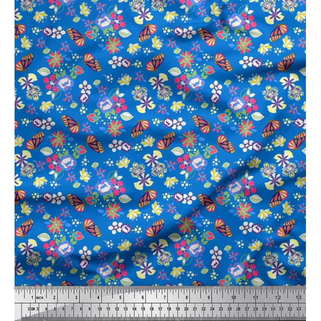 Soimoi Blue Moss Georgette Fabric Leaves,Insect & Floral Artistic Print Sewing Fabric BTY 42 Inch Wide