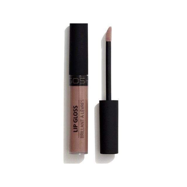 GOSH - Lip Gloss - 0059 showing nude pink lip gloss in clear tube with black matte cap and angled sponge applicator wand, moisturizing formula with non-stick texture suitable for use alone or over lipstick.