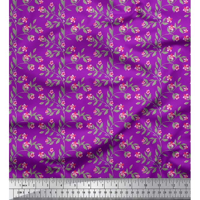 Soimoi Tissu Poly Georgette Violet Feuilles & Azalée Imprimés Floraux au Mètre 52 Pouces de Large