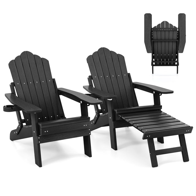 Gymax 2 PCS Folding Adirondack Chair HIPS Fire Pit Chair w/ Adjustable Backrest Black