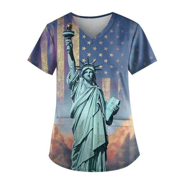 Birdeem Fête de l'Indépendance Femmes Col en V Décontracté Manches Courtes Imprimé Poches Hauts Blouse Uniforme