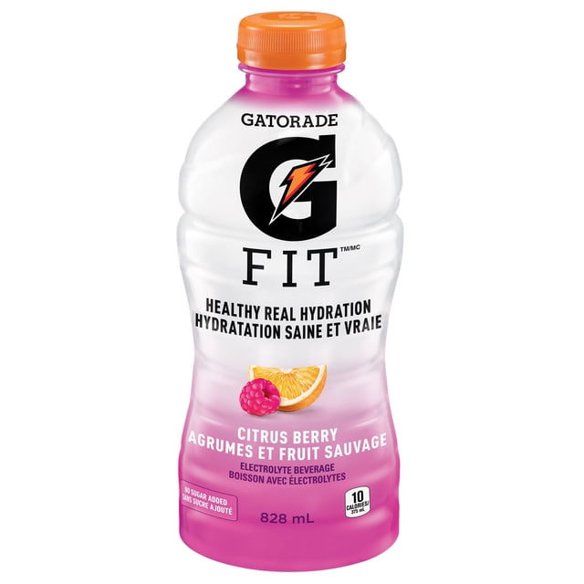Gatorade Fit Citrus Berry Electrolyte beverage 828 mL bottle with pink gradient body and orange cap, featuring branding for healthy real hydration, no added sugar, 10 calories per 372 mL, and natural electrolytes from citrus and berry, suitable for sports and everyday hydration.